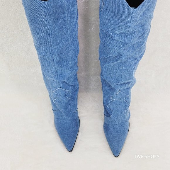 Rough Cut Denim Skirted Fold Over Country Western Knee High Cowgirl Boots - Picture 7 of 11